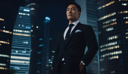 Fototapeta premium Businessman in black suit against night city buildings. Corporate success advertising