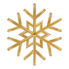 3d gold snowflake. Chrome realistic Christmas decoration isolated on white background. Golden lace Xmas icon. Vector illustration. Snow flake bauble, winter symbol