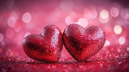 Fototapeta premium Close-up of heart shape set on pink abstract glowing background with bokeh lights.