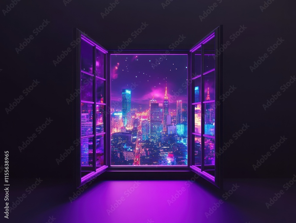 Poster night city view from open window with neon glow.