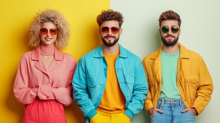 gang stylish individuals wearing vibrant outfits and sport , standing against a bold, split cool  background.