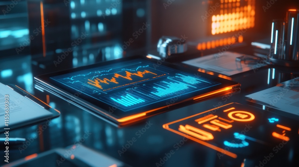 Poster Futuristic tablet displaying financial data graphs and charts on a dark reflective surface with office supplies.