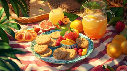 Colorful Summer Picnic with Fresh Fruits, Homemade Cookies, and Refreshing Lemonade on a Blanket Surrounded by Tropical Leaves and Natural Light