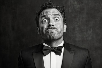 Fototapeta premium Man in formal attire making a funny face while sitting against a yellow background