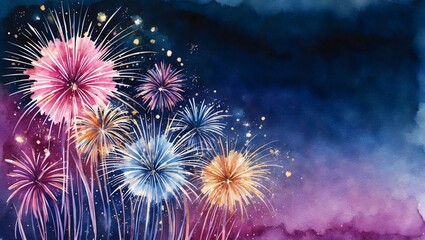 Fototapeta premium Dreamy Nighttime Sky with Vibrant Fireworks in Watercolor
