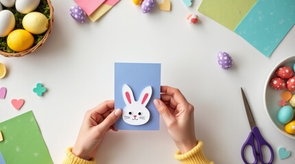 Hands crafting an Easter card with a bunny design on a white table, surrounded by colorful eggs, papers, and scissors. Sustainable, zero waste Easter decor. DIY gifts for Easter