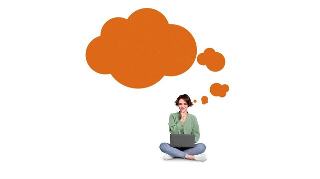 3d sketch motion trend collage video of happy girl browsing laptop cloud thought decision message correspondence