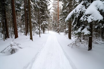 Fototapeta premium This image captures an inviting snowy trail winding through a picturesque winter landscape, creating a perfect path for winter activities like hiking or skiing.