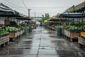Fresh Produce Stalls Under Canopies in a Rainy Outdoor Market Setting with Glowing Reflections on the Wet Pavement and Overhead Power Lines