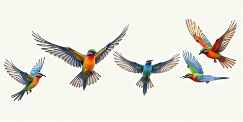 Obraz premium A vibrant flock of colorful birds soars dynamically through the sky, embodying freedom and the beauty of nature.