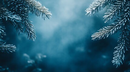 A serene blue holiday background with shimmering snow and pine trees