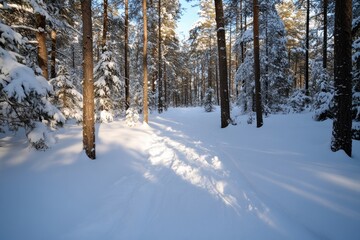 Fototapeta premium A stunning sunlit path through a snowy forest captures the beauty of winter light illuminating the delicate snow-covered trees, creating an enchanting atmosphere.