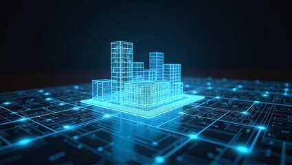 Glowing lines form a futuristic building blueprint, showcasing visualization of innovative architectural design and cutting-edge technology