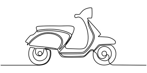 Continuous one line drawing scooter on a white background. vector illustration, Scooter in continuous line art drawing style. Stand-up scooter for short distance transportation minimalist black linear © line drawing