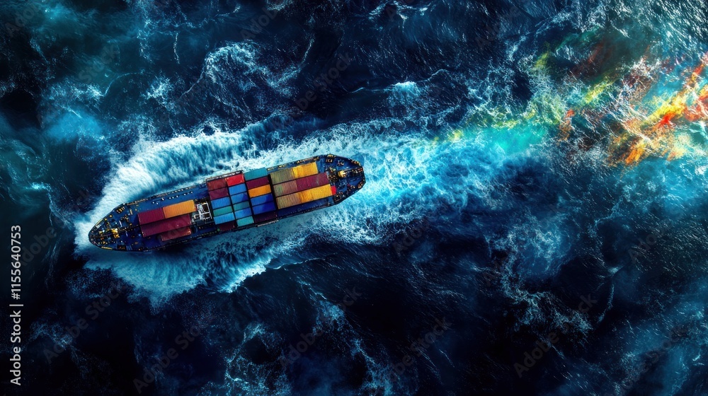 Poster aerial view of container ship sailing through stormy ocean.