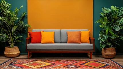 Hostel lounge with layered rugs, comfy sofas, and ambient lighting, inviting and relaxed