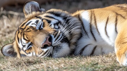 Close-up of a resting tiger, eyes closed, lying on dry grass.