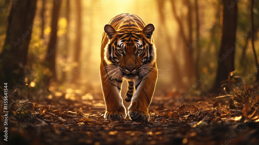 Poster solitary tiger walks through a deforested jungle at dusk in search of food and territory. generative