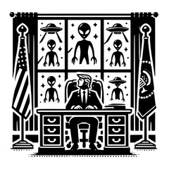 Aliens visiting presidential office, black and white vector