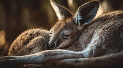 Sleepy joey kangaroo resting against its mother.