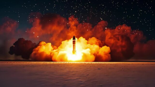A rocket launches from a launch pad, producing a significant explosion and bright flames against a dark backdrop. The scene captures the power and intensity of the launch event