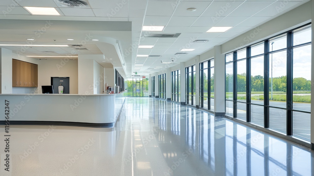 Poster modern bright hallway with reception desk and large windows overlooking a green landscape.