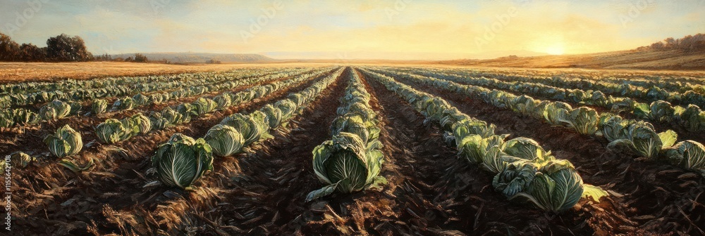 Poster rows of cabbages growing in a vast field at sunset.