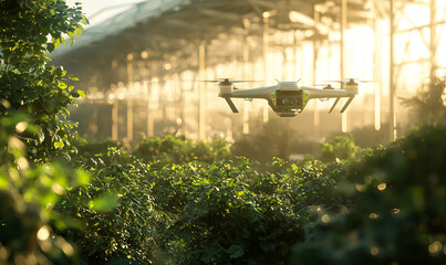 A drone flies over lush greenery in a sunlit greenhouse, showcasing modern agricultural technology in a vibrant environment.