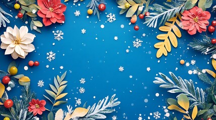 A peaceful holiday scene with snowflakes falling on a vibrant blue background