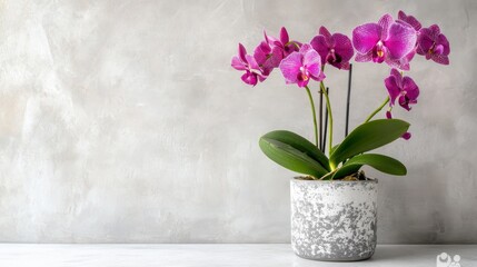 Fototapeta na wymiar Purple orchid in a grey pot against a textured wall.