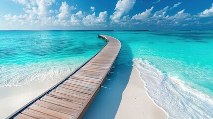 Obraz premium Tranquil Wooden Pathway to Azure Paradise