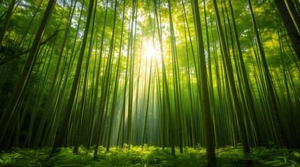 Fototapeta premium Emerald Enclave: A Meditative Walk Through a Bamboo Forest Bathed in Sunlight
