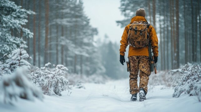 Soldier in winter forest landscape with snow-capped trees and misty atmosphere - Powered by Adobe