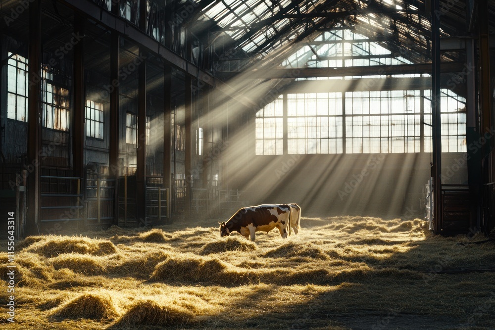 Poster sunbeams illuminate a cow grazing on hay in a rustic barn.