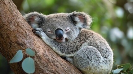 Fototapeta premium Koala resting peacefully among eucalyptus leaves in an Australian habitat setting