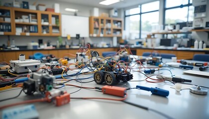 Obraz premium Robotics Workshop: Students Build Small Robots in Lab