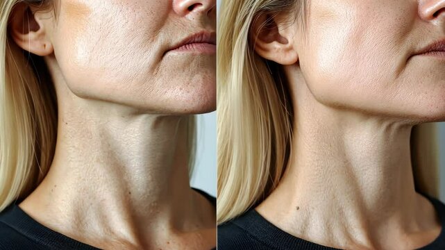 Close-up view of a woman's neck showcasing skin texture and aging effects in a before and after comparison