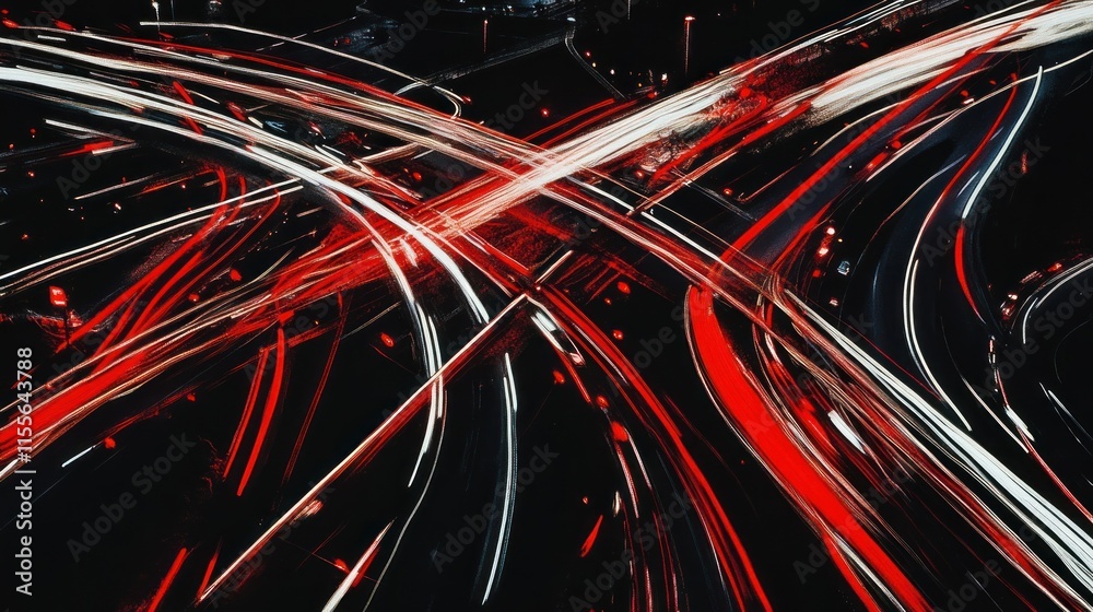 Poster abstract light trails of nighttime highway intersection.
