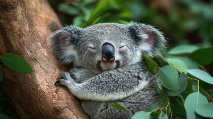Obraz premium Koala resting peacefully among eucalyptus leaves in an Australian habitat setting