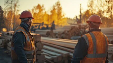 Construction Workers Overseeing Lumber Yard at Sunset