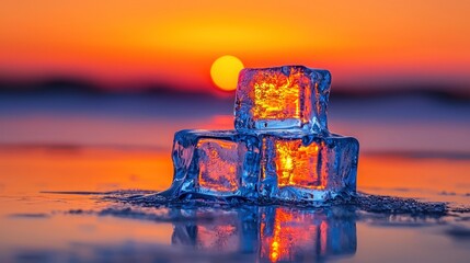Three ice cubes at sunset reflecting vibrant colors.