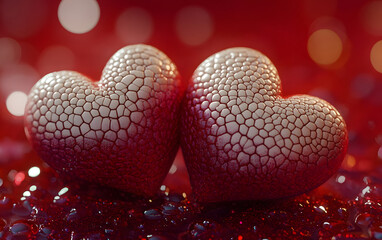 Fototapeta premium Two textured hearts rest on red glittering surface