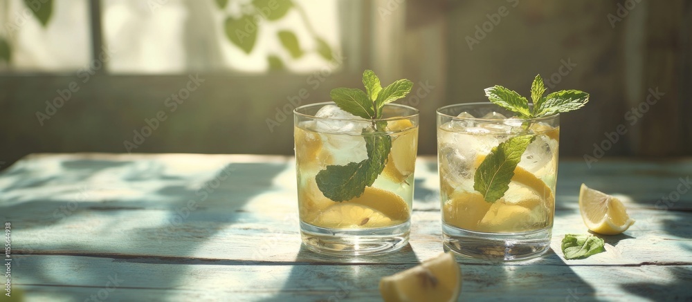 Poster two glasses of refreshing lemonade with lemon slices and mint leaves on a rustic wooden table in sun
