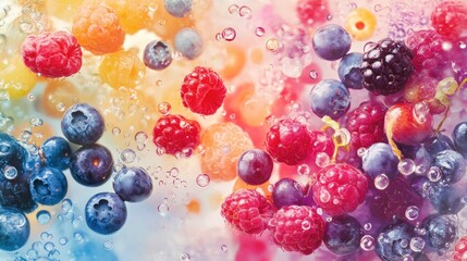 Vibrant mix of fresh berries floating in sparkling water.
