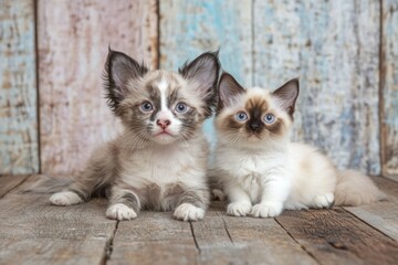 Two adorable kittens, one munchkin and one ragdoll, sit together on rustic wood.