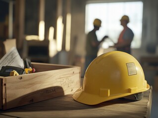 Hard hat and toolbox on construction site, workers blurred background.