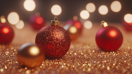Red and gold Christmas baubles on sparkly surface with bokeh lights.