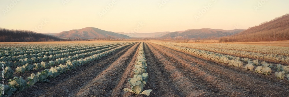Poster rows of cabbages growing in a vast field at sunset, with mountains in the background.