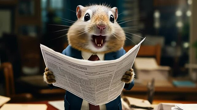 A chipmunk dressed in a business suit joyfully reads a newspaper in a cozy office filled with books and papers. Its playful expression adds a humorous touch to the scene