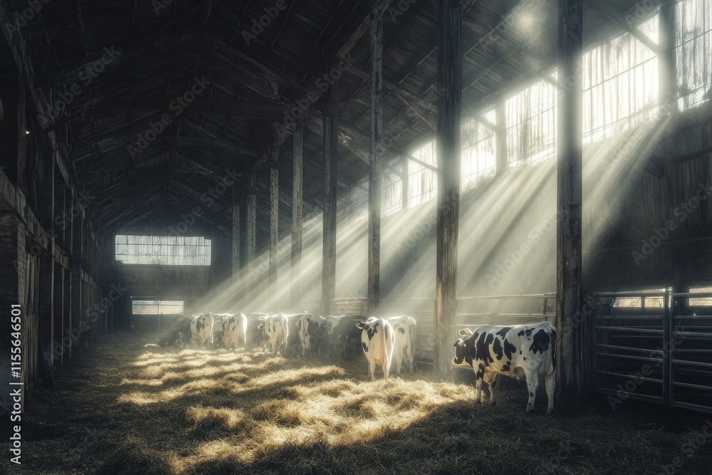 Poster Sunbeams illuminate cows in a rustic barn. (1)